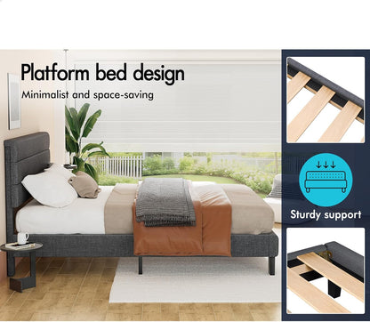 ALFORDSON Bed Frame Base Queen Size with Headboard, Bed Platform Foundation with Linen Fabric Upholstered for Mattress Topper, Harlene Series Fabric Grey