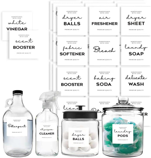 Minimalist Laundry Room Labels set, v2croft 48 White matte stickers on Clear Canisters, Home organization Stickers for cabinet & drawer, laundry room, linens & cleaning supplies(Water Resistant)