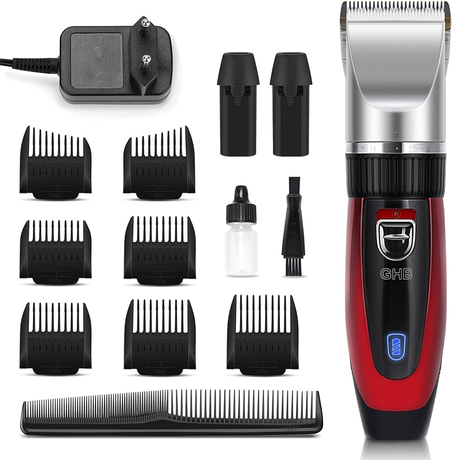 GHB Cordless Hair Clipper for Men, 2 Lithium Batteries, 14 Pieces for Men, Kids, Home Salon, Hairdresser