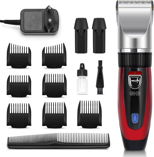 GHB Cordless Hair Clipper for Men, 2 Lithium Batteries, 14 Pieces for Men, Kids, Home Salon, Hairdresser
