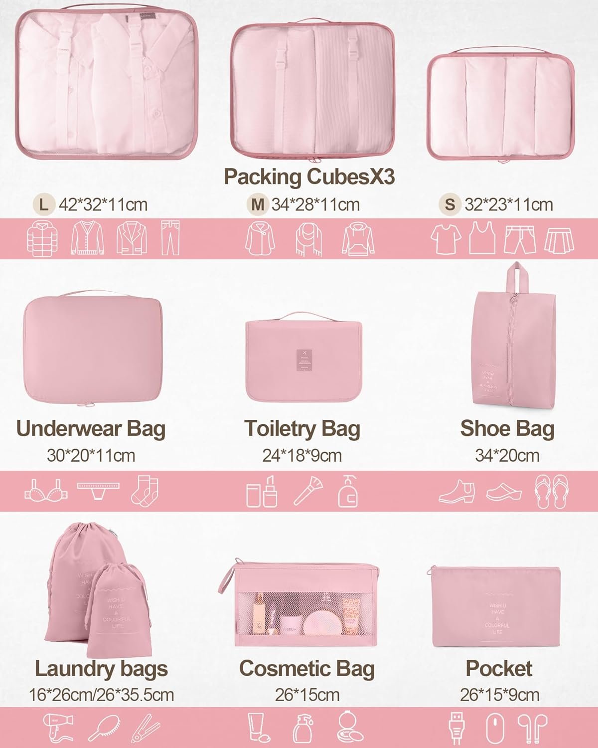 Packing Cubes for Suitcases, TRMFUSA 10 Pcs Packing Organizers, Luggage Organizers with Laundry Bags/Shoe Bag/Toiletry Bag (Pink)