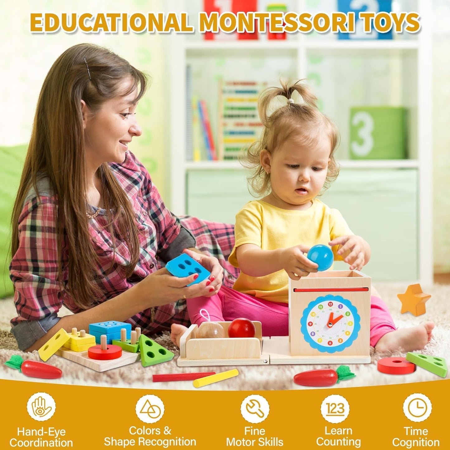 Wooden Montessori Baby Toys, 8-in-1 Wooden Play Kit Includes Object Permanent Box, Coin Box, Carrot Harvest, Shape Sorting & Stacking - Montessori Toys for Boys Girls Toddlers