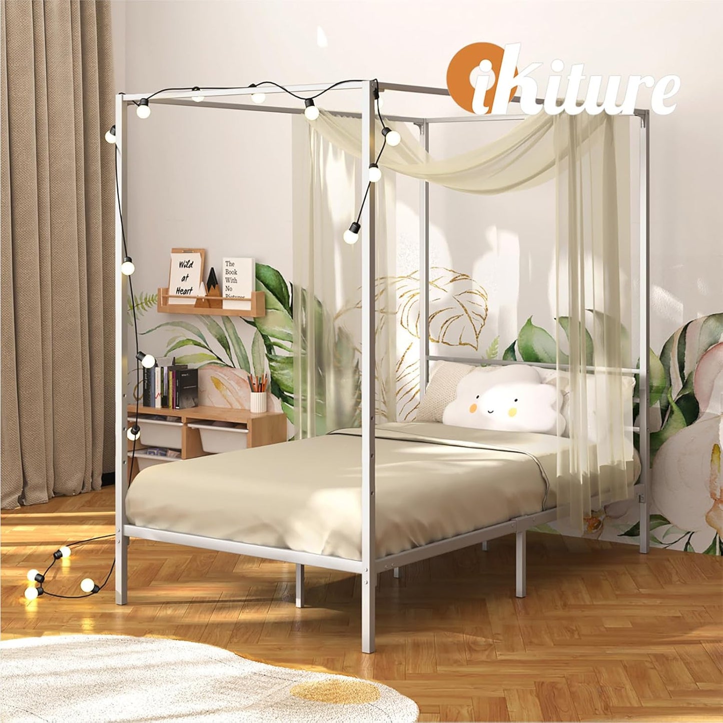 Oikiture Bed Frame Single Size Canopy Metal Bed Base White