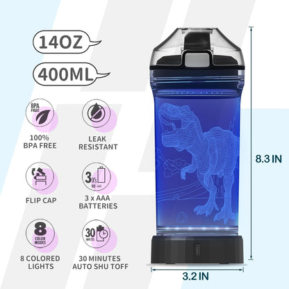 CoolGift Mart Dinosaur Water Bottle - Light Up 3D T-Rex Design - 14oz Tritan BPA Free - Best Gift for 4 5 6 7-Year-Old Boys Girls- Kids Drinking Cup - Christmas Holiday