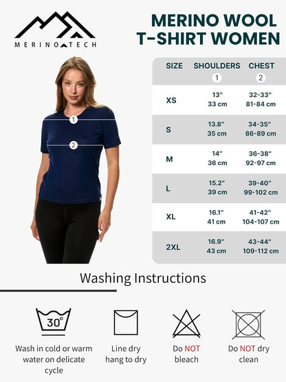 Merino.tech Merino Women's T-Shirt – 100% Thermal Short Sleeve Jersey in Merino Wool with Socks