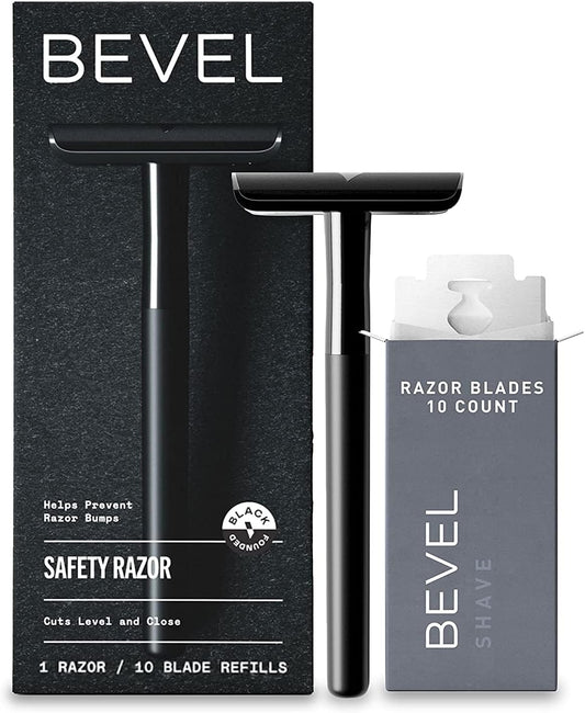 Bevel Safety Razor with Brass Weighted Handle and 10 Double Edge Safety Razor Blade Refills, Single Blade Razor for Men, Designed for Coarse Hair to Prevent Razor Bumps, Black