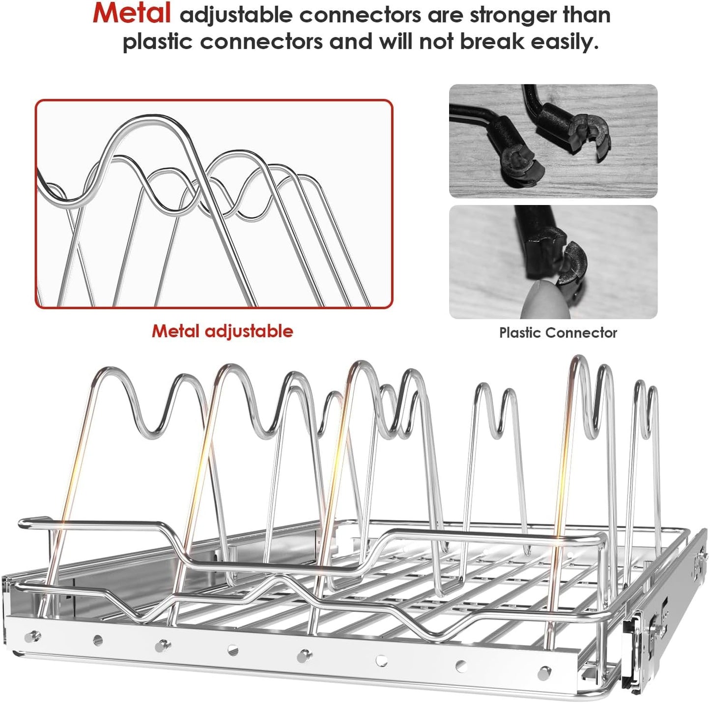 Bonadom Pull Out Pots and Pans Organizer Rack Under Cabinet Kitchen,Heavy Duty Wire Slide Out Cutting Board Shelf Bakeware and Tray Storage 11''W x 21''D x 8.5''H- Expandable Sliding Lid Holder