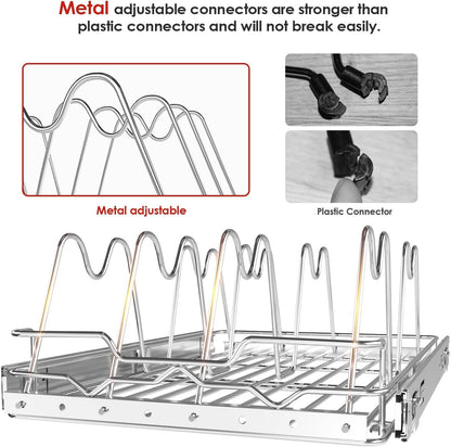 Bonadom Pull Out Pots and Pans Organizer Rack Under Cabinet Kitchen,Heavy Duty Wire Slide Out Cutting Board Shelf Bakeware and Tray Storage 11''W x 21''D x 8.5''H- Expandable Sliding Lid Holder