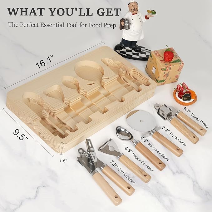 Stainless Steel Kitchen Gadget with Wood Organizer - Can Opener, Vegetable Peeler, Ice Cream Scoop, Pizza Cutter, Garlic Press - Kitchen Tools and Gadgets 2025 Cooking Kitchen Essentials