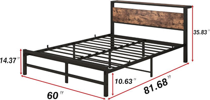 VERFARM Queen Bed Frame with Wood Storage Headboard, Metal Platform Bed Frame Queen Size No Box Spring Needed, Strong Slats Mattress Foundation, Non-Slip Noise Free, Easy Assembly