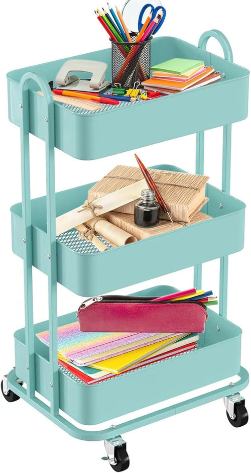 Ceayell 3-Tier Full Metal Utility Rolling Cart for Storage and Organization Cart for Office, Bathroom, Kitchen (Turquoise)