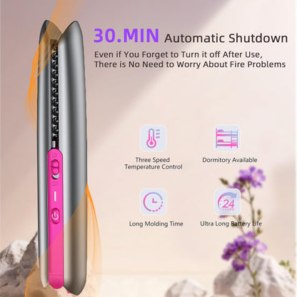 Hair Straightener, Flat Irons, Rechargeable Curling Iron with 3 Temperature, Portable Straightener and Curler 2 in 1 Hair Tools for differnet Hair Style（Grey+Red Rose