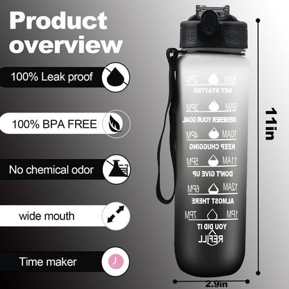 AOOABO TECH Motivational Water Bottle 1 Litre with Straw with Time Marker Leak Proof Tritan BPA Free Fitness School Gym Outdoor Sports (Black+Grey)