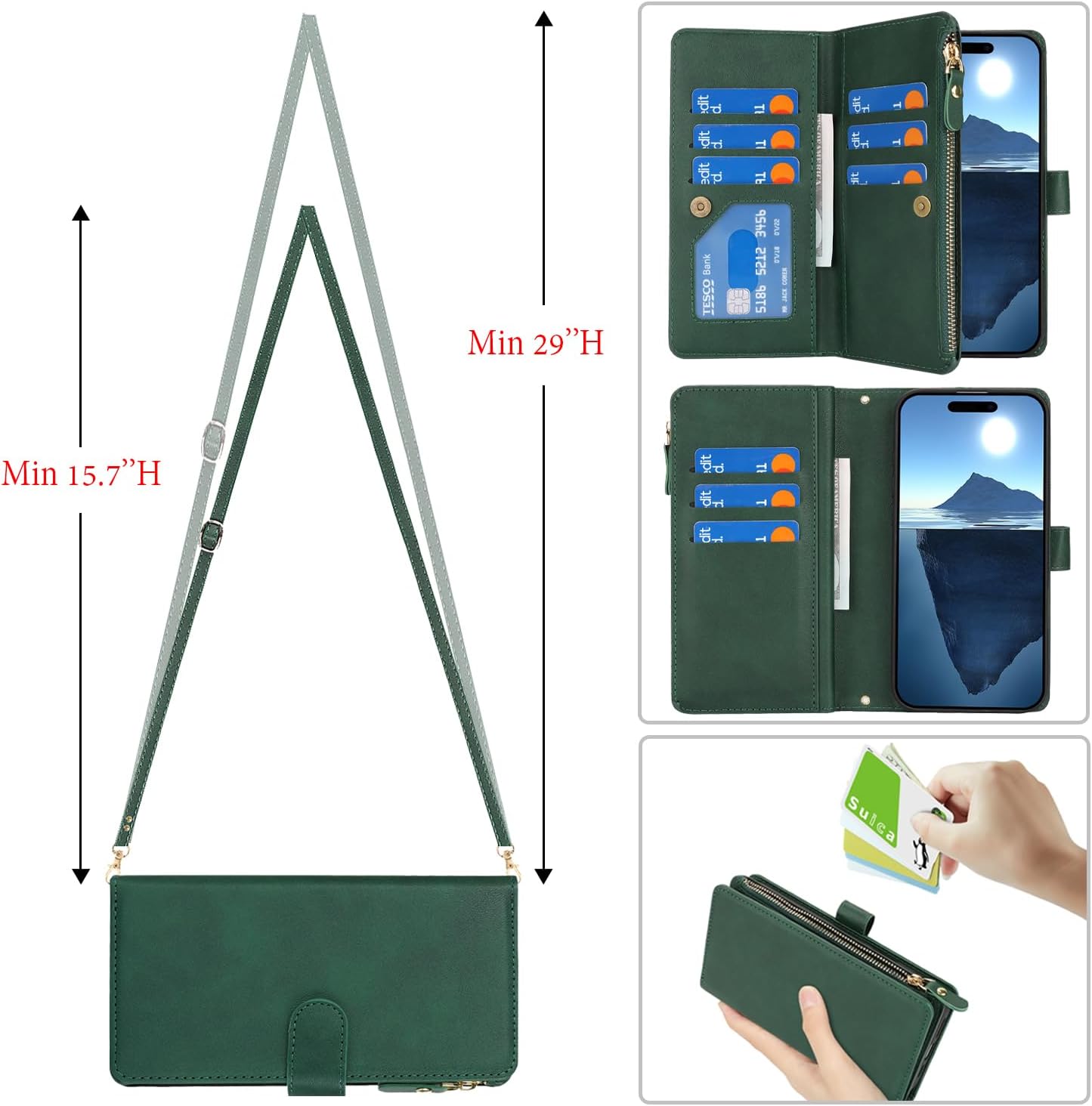 Cavor for iPhone 16 Pro Max Case 6.9 inch PU Leather Folio Flip Wallet Back Cover Magnetic Case with Long Shoulder Lanyard Zipper Coin Purse 9 Card Holder Kickstand Wristlet Strap-Green