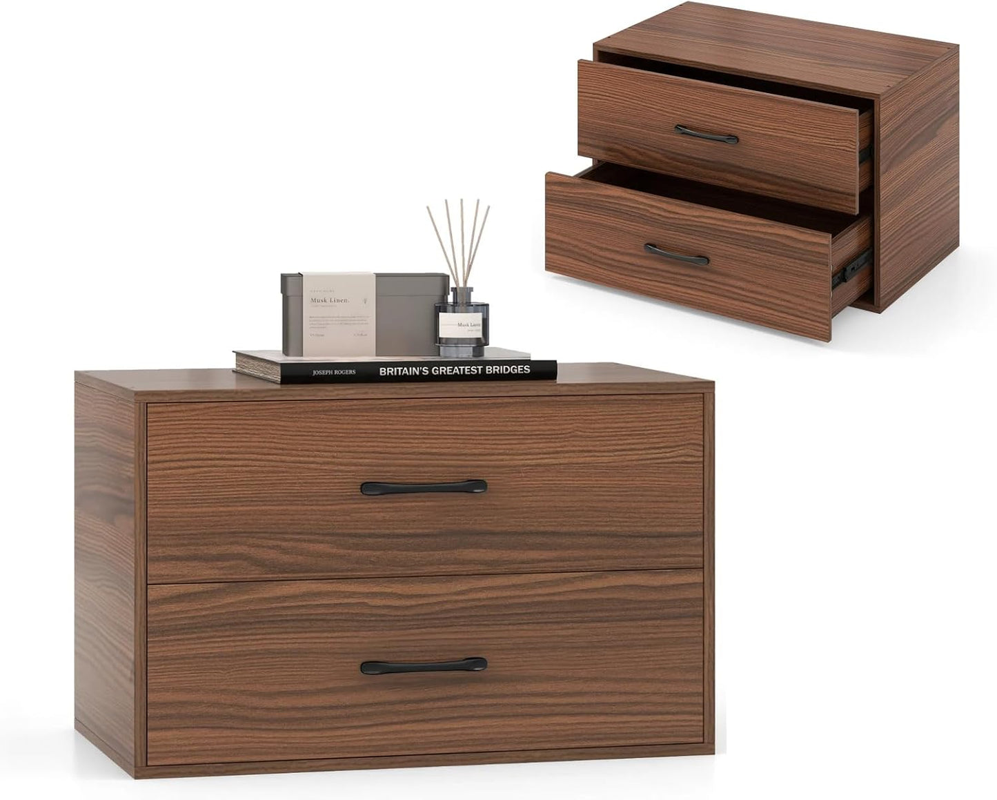 KOMFOTTEU Chest of Drawers with 2 Drawers, Anti-tipping Device Small Wooden Furniture for Bedroom, Living Room, Office, Bedside, 60 x 34 x 38 cm (Walnut)