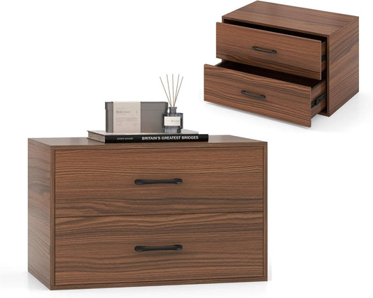 KOMFOTTEU Chest of Drawers with 2 Drawers, Anti-tipping Device Small Wooden Furniture for Bedroom, Living Room, Office, Bedside, 60 x 34 x 38 cm (Walnut)