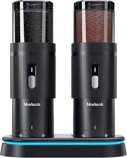 Upgraded Larger Capacity Electric Salt and Pepper Grinder Set, Rechargeable Salt and Pepper Grinder Set with a Brilliant Charge Base, Adjustable Coarseness, Efficient Kitchen Gadgets, Iron Gray