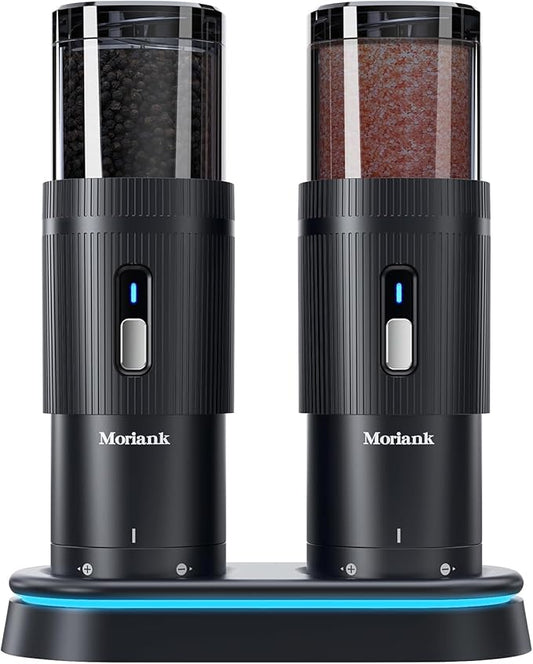Upgraded Larger Capacity Electric Salt and Pepper Grinder Set, Rechargeable Salt and Pepper Grinder Set with a Brilliant Charge Base, Adjustable Coarseness, Efficient Kitchen Gadgets, Iron Gray