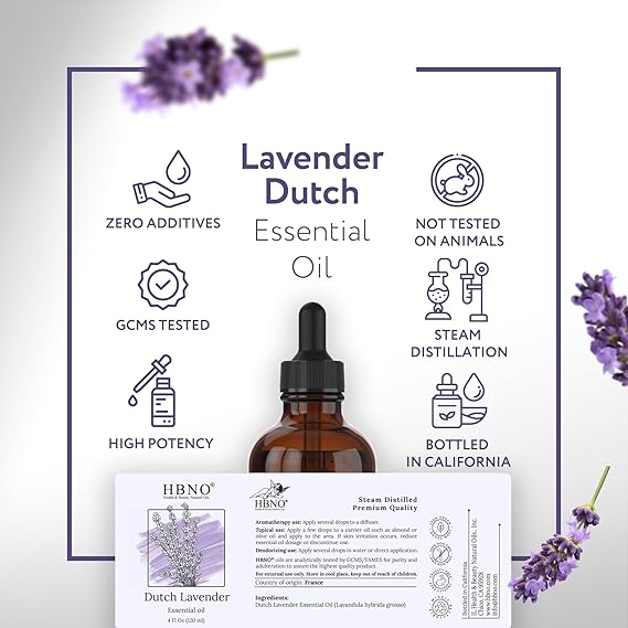 HBNO California Bottled Dutch Lavender Essential Oil 4 fl oz (120ml) - Natural Lavender Oil for Skin, Perfect for Cleaning, Aromatherapy, DIY & Diffuser