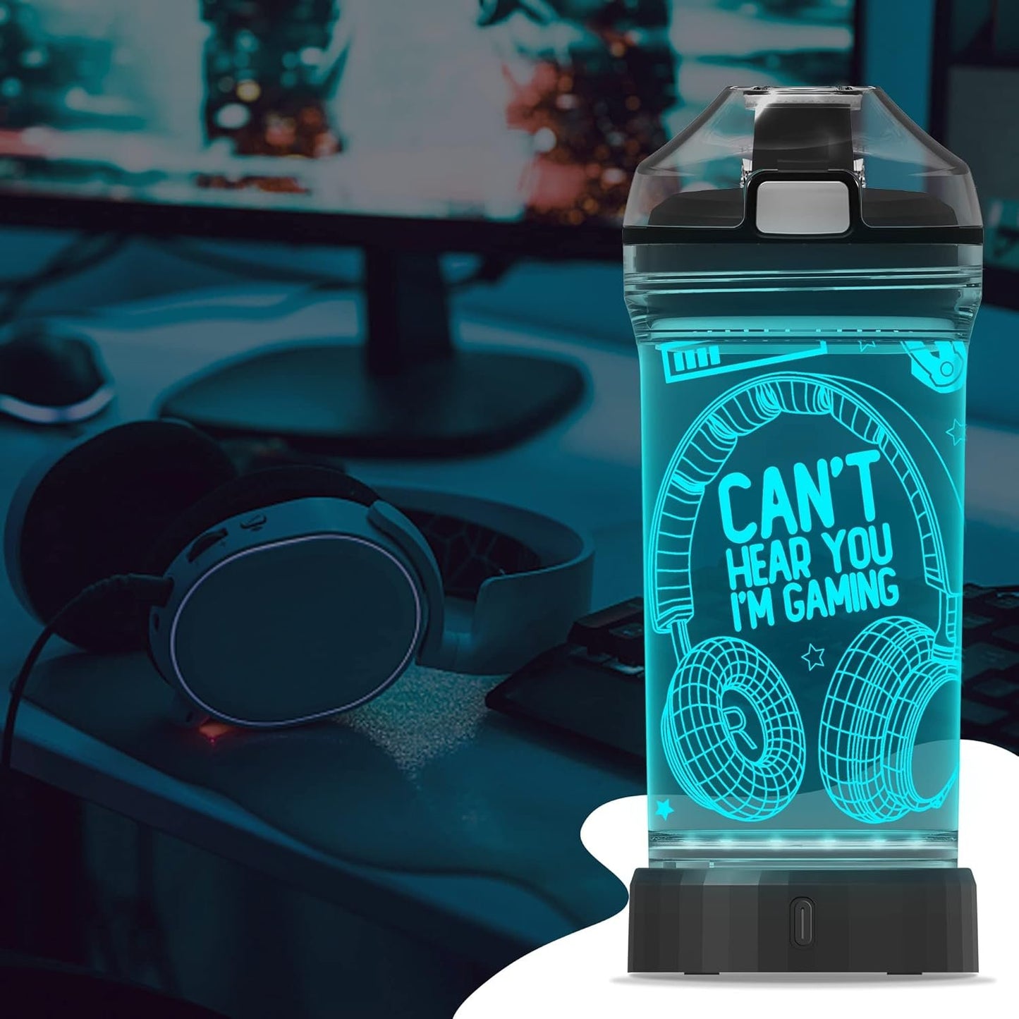 Can't Hear You I'm Gaming Water Bottle, YuanDian 7 Color Lights 3D Light up Drinking Cups Gifts for Gamers, BPA Free Tritan & Leak Proof Flip Top Lid & Easy Clean & Carry Handle, 14oz/ 400ml