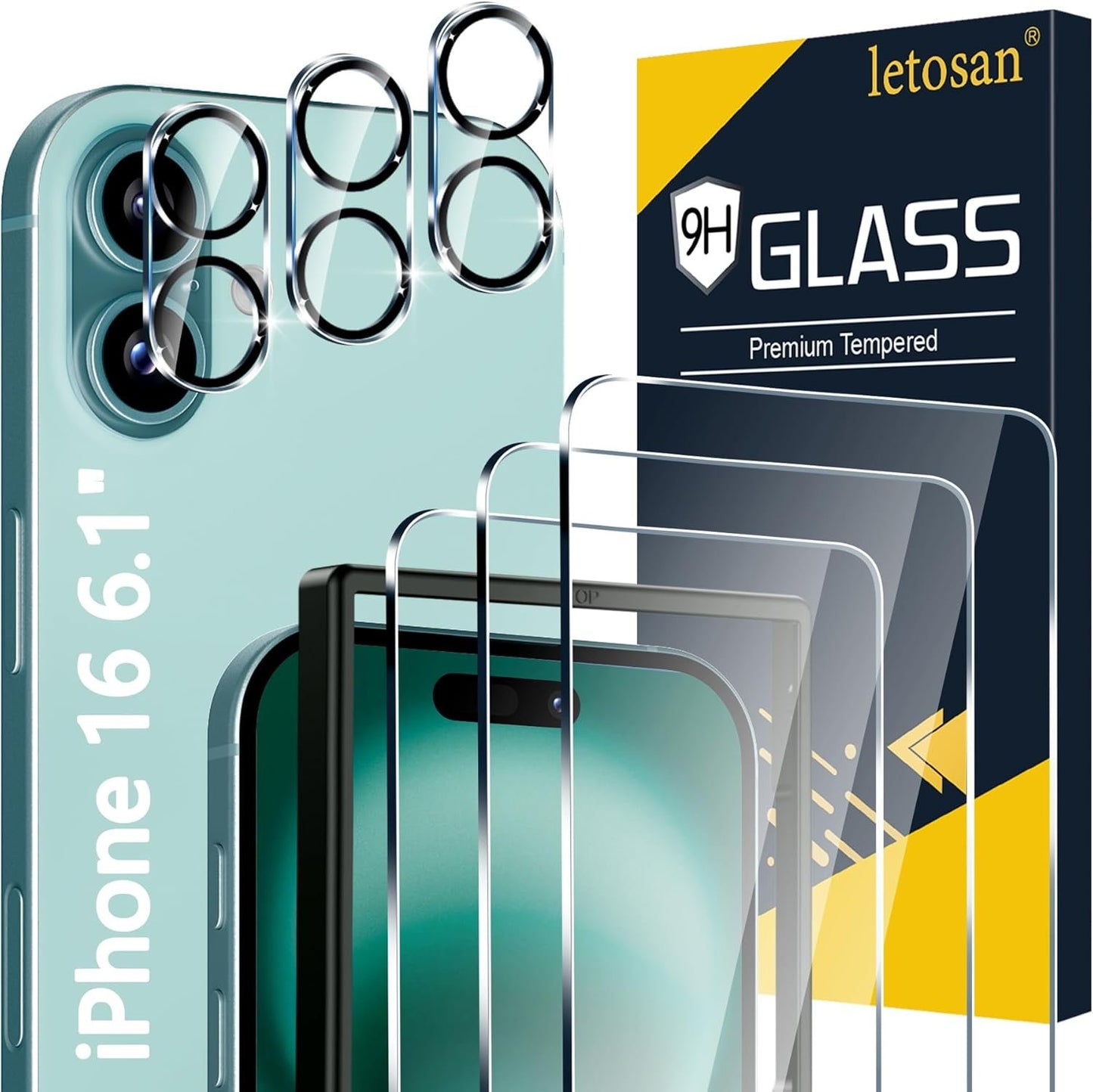 letosan [3+3 Pack] Screen Protector for iPhone 16 6.1-Inch, 9H Tempered Glass, HD Clear Case Friendly for iPhone 16 Glass Screen Protector