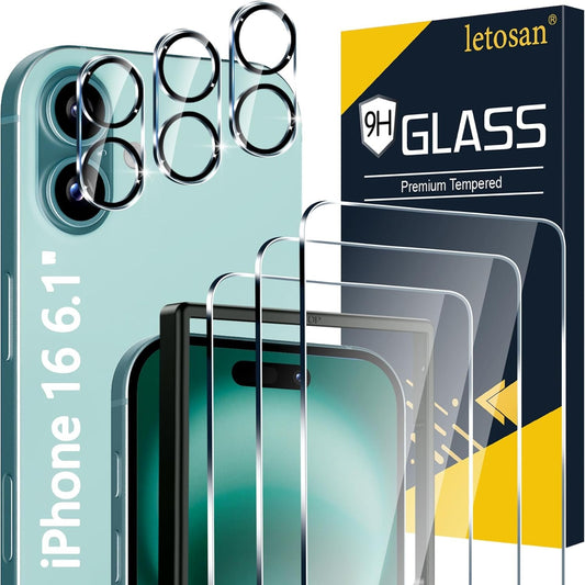 letosan [3+3 Pack] Screen Protector for iPhone 16 6.1-Inch, 9H Tempered Glass, HD Clear Case Friendly for iPhone 16 Glass Screen Protector