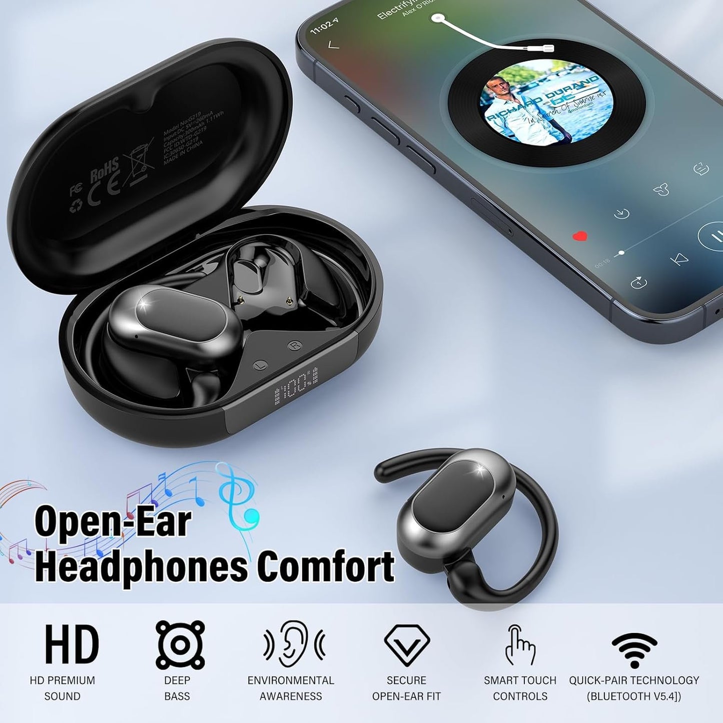 STECEi Open Ear Headphones, Bluetooth 5.4 Earphones 36H Playtime Air Conduction Headphones with Mic, Adjustable Earhook Earbuds with ENC Clear Calls/LED Display, IPX7 Waterproof Open Ear Earbuds Black