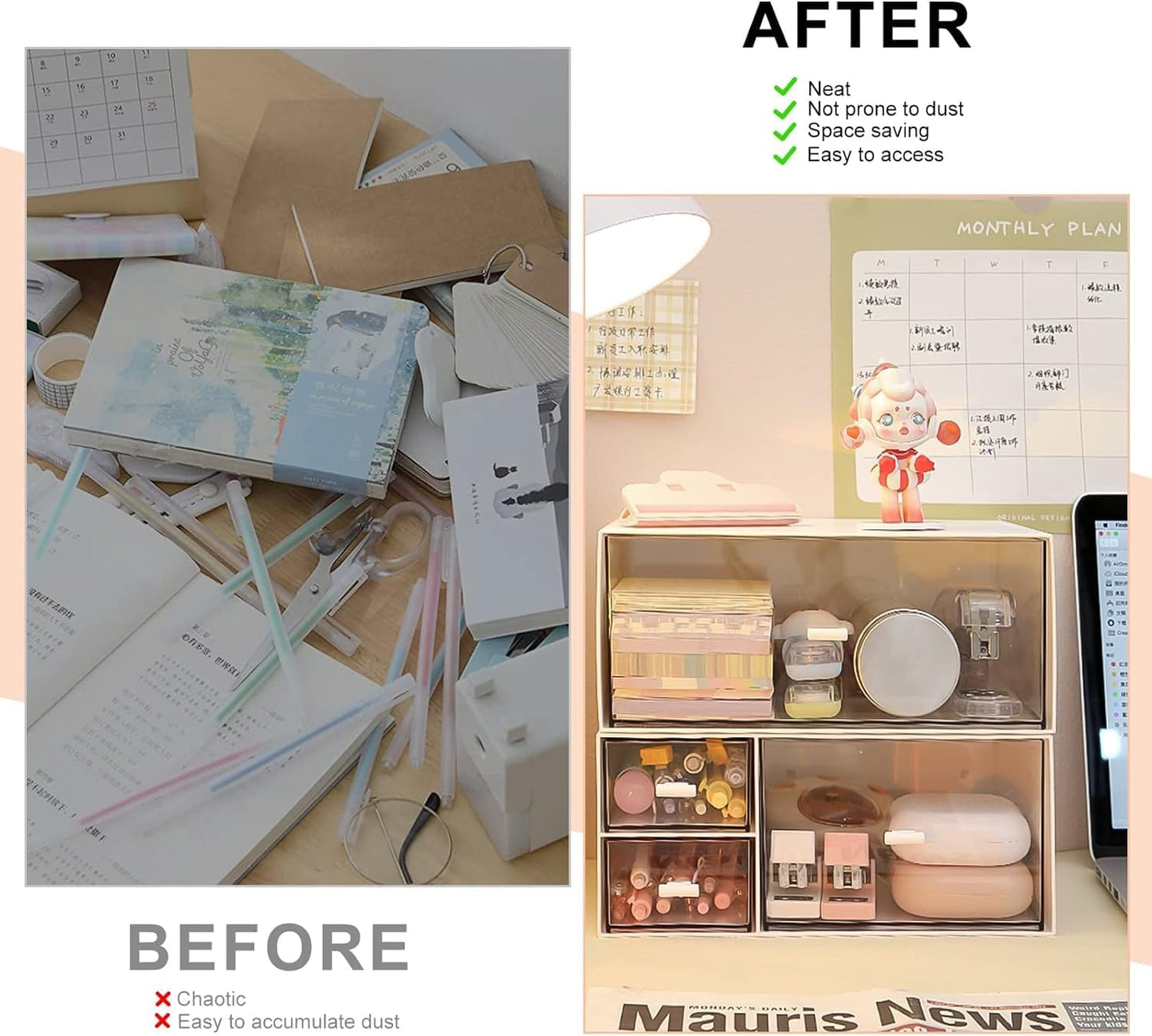Desk Drawer Organizer, Transparent Makeup Organizer Storage Box with 4 Removable Plastic Drawers, Desk Storage and Accessories for Home Collection Cosmetics Office Bathroom Counter Dressing Table