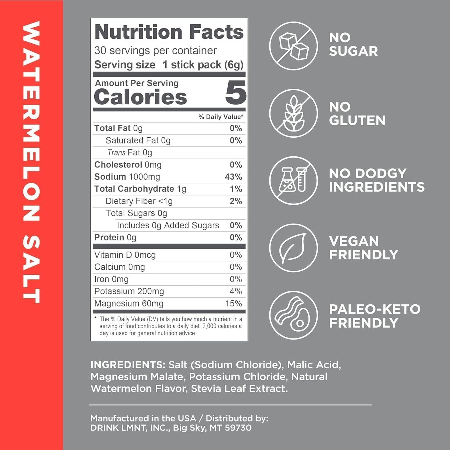LMNT Zero Sugar Electrolytes - Watermelon Salt | Drink Mix | 30-Count, Pack of 2 (60 Sticks)