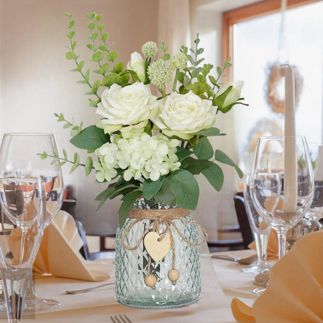 Avoik Artificial Flowers with Glass Vase Fake Flower Bouquet Faux Rose in Vases for Home Dcor Flowers Modern Home Decor Table Decorative Flower Vase for Dinner Office Bedroom, White