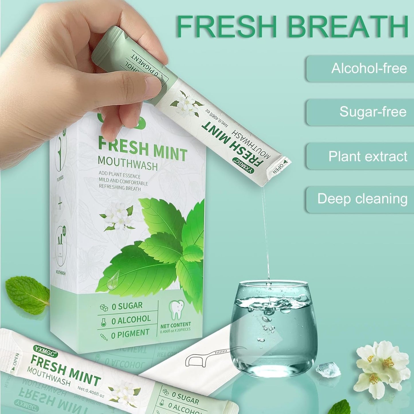 YXMGC Travel Size Mouthwash Packets – Portable, Fresh Breath Anytime, Eliminates Bad Breath, Sugar-Free, Alcohol-Free, 20 Pack ×12 ml
