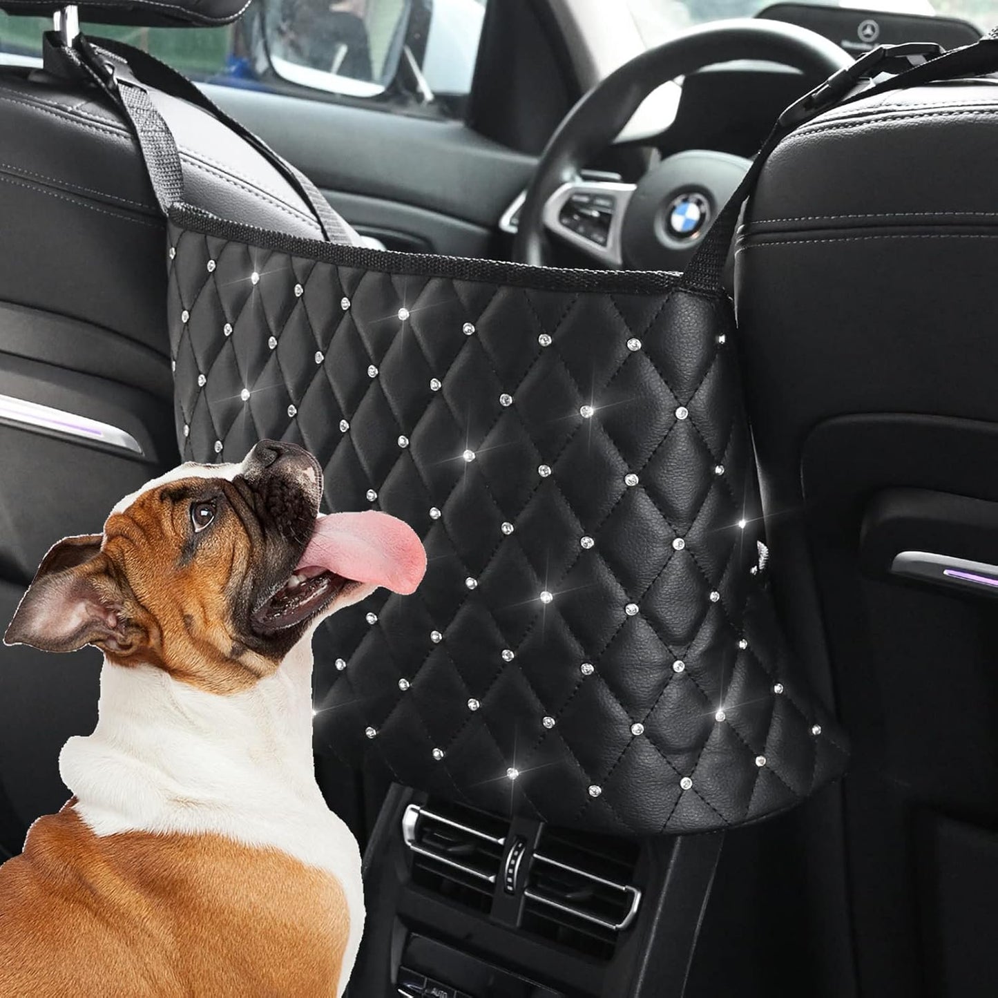 Leberna Car Seat Handbag Holder Pocket - Leather Storage Net Pocket with Diamond Bling Handbag Holder Between Car Seat Black Car Organizer
