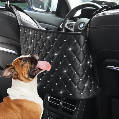 Leberna Car Seat Handbag Holder Pocket - Leather Storage Net Pocket with Diamond Bling Handbag Holder Between Car Seat Black Car Organizer