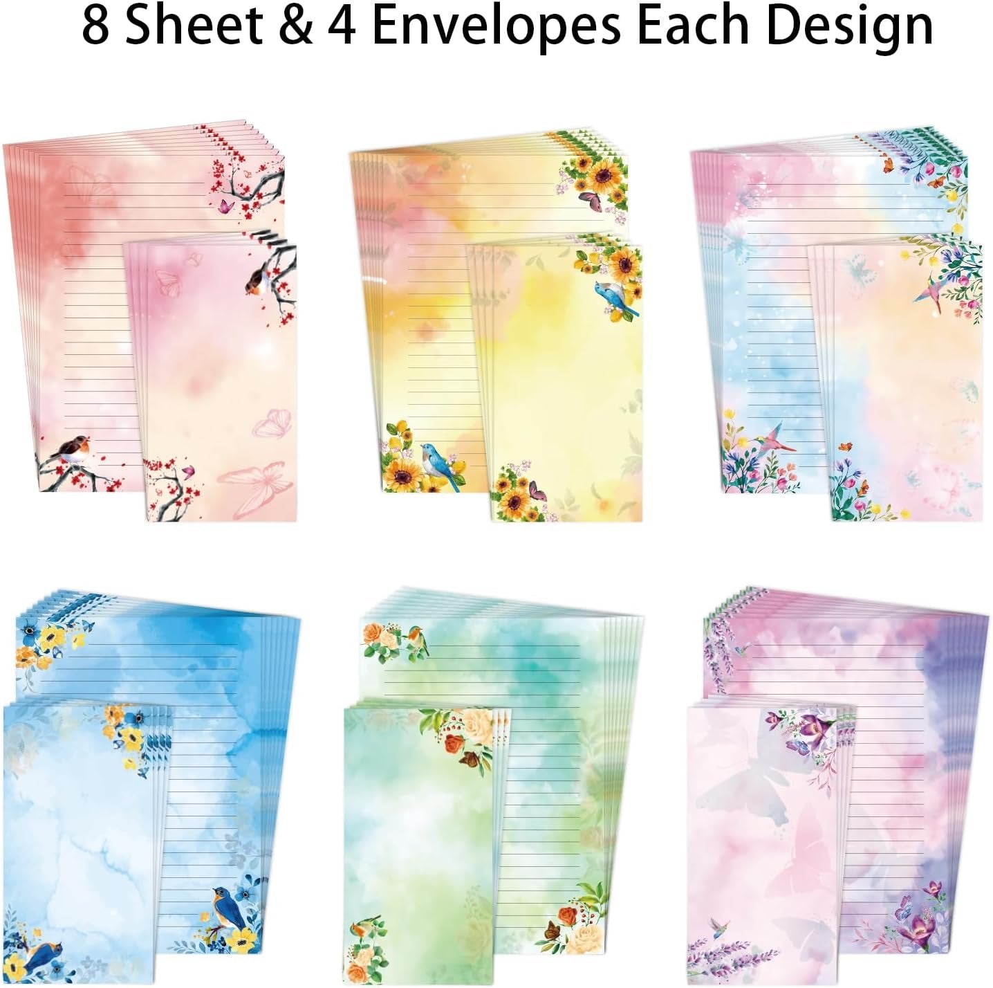 Lined Stationary Paper and Envelopes Set Floral Bird Watercolor Stationary Set with Lined Letter Writing Paper - 48 Sheets + 24 Envelopes, 8 x 11 Inch of Each Stationary Paper