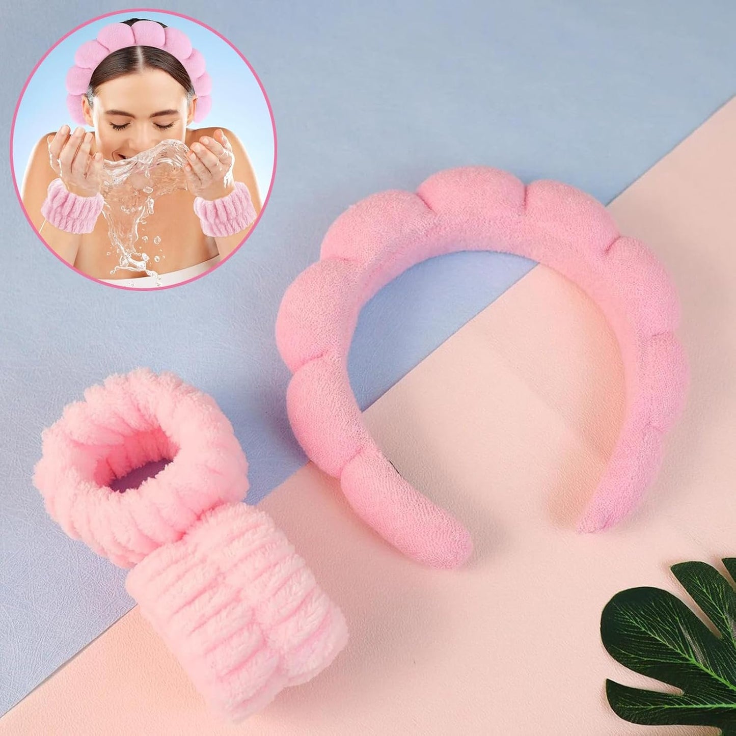 Spa Headbands for Women,3 Pcs Makeup Headband and Wrist Washband Set Skincare Headbands,for Face Washing, Spa,Shower, Makeup Removal Hair Accessories(Pink)