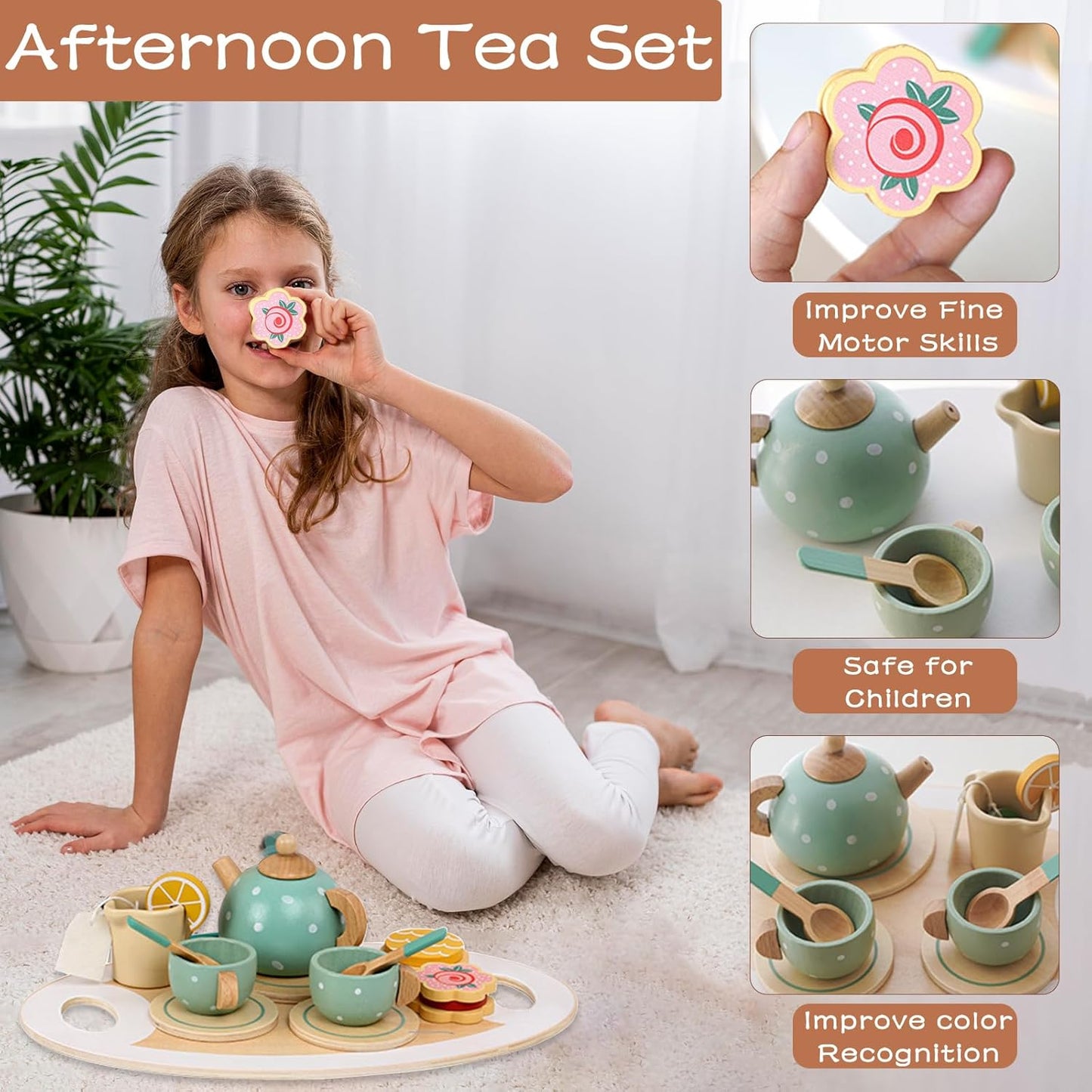 YUNCHY Tea Party Set for Kids Wooden Tea Set for Little Girl and Boy, Toddler Food Pretend Play Accessories Kitchen Playset Wooden Toys 3 4 5 Year Old Girl Christmas Birthday Gift