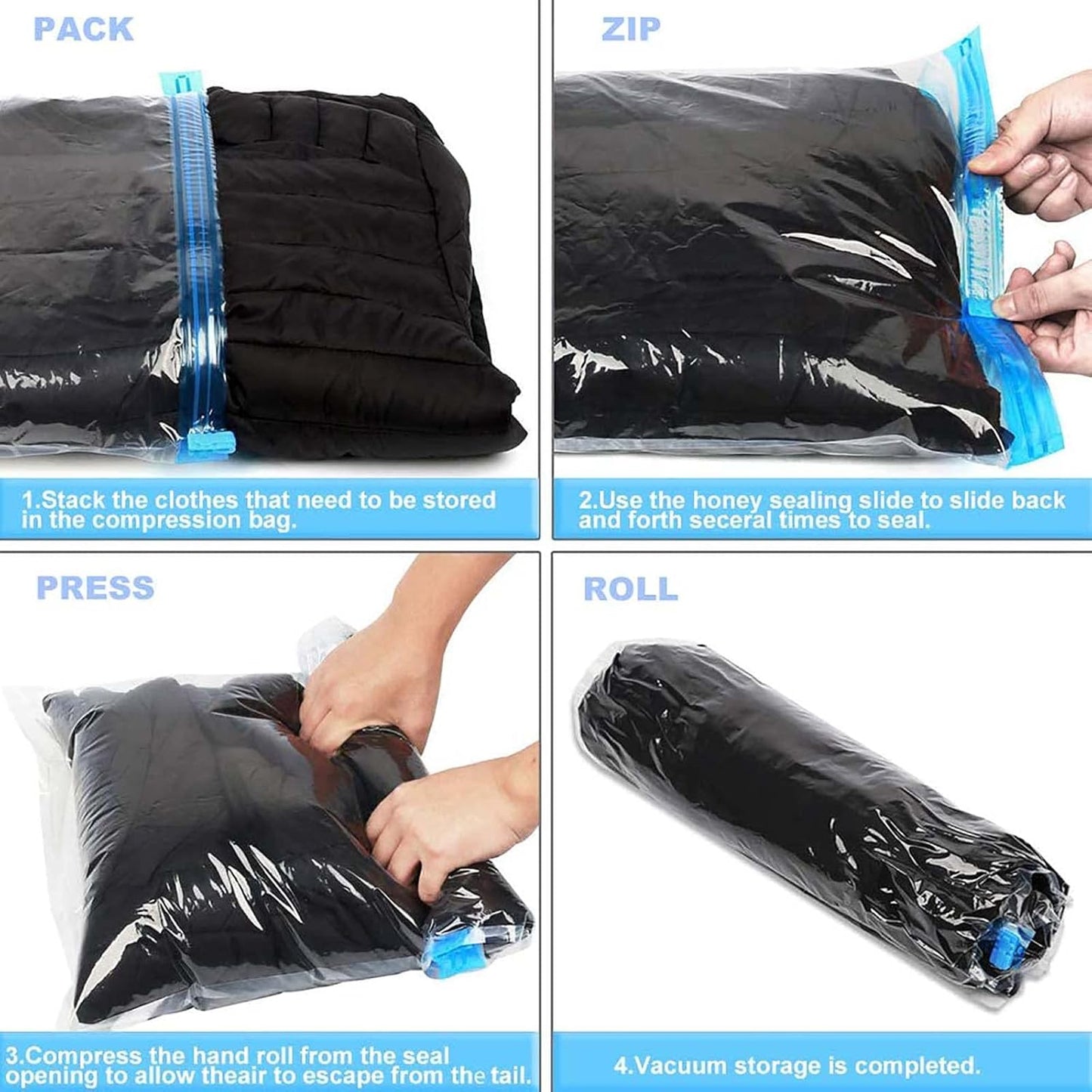 DAWNTREES 6 Pack Travel Space Saver Bags Vacuum Storage, 50x70cm,Compression Packing Cubes，Sealer Bag Roll-up Compression Storage No Vacuum Needed and Packing Organizers for Travel
