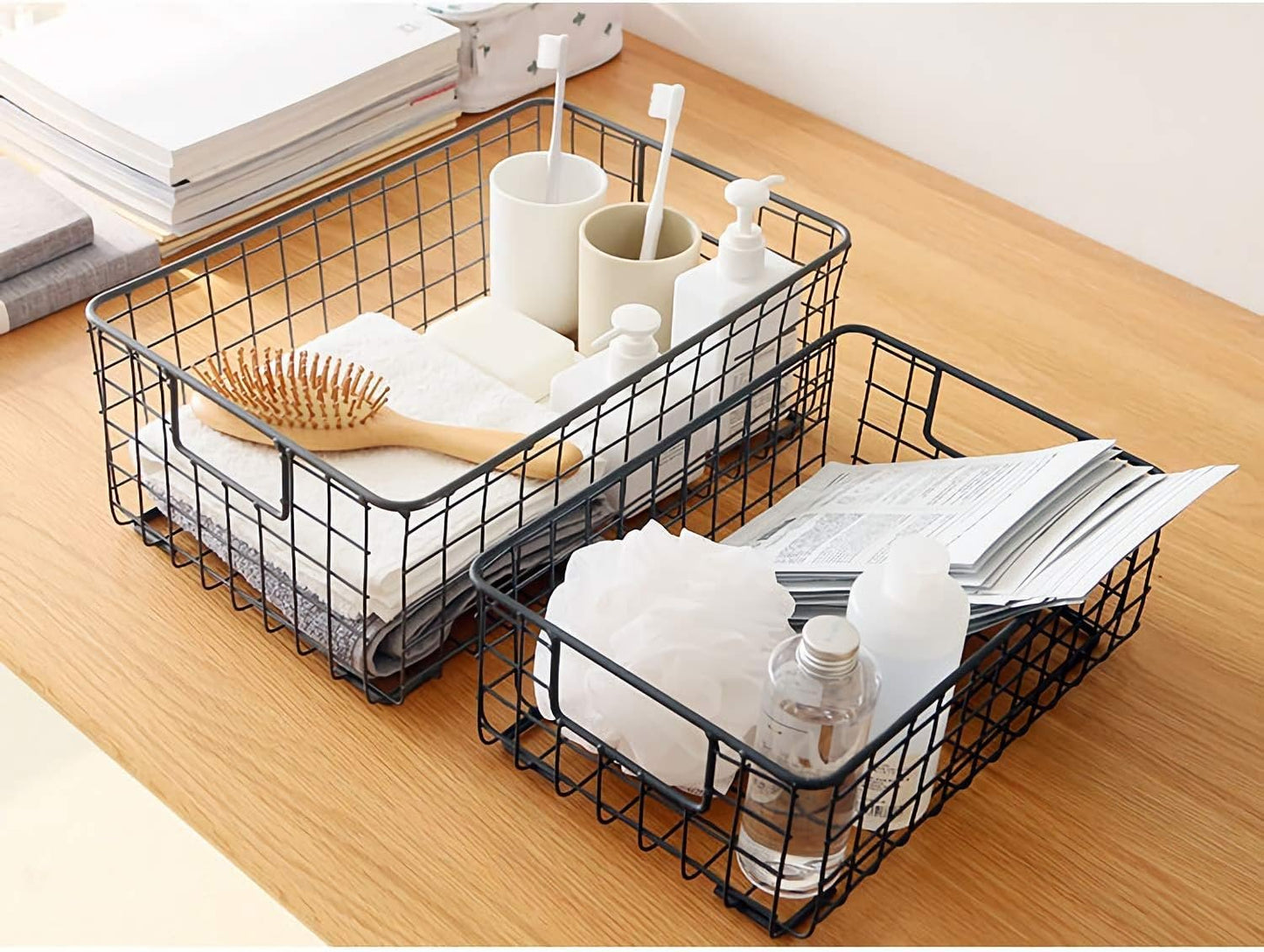 Kingrol 2 Pack Wire Storage Baskets with Handles, Metal Organizer Basket Bins for Home, Office, Nursery, Laundry Shelves Organizer