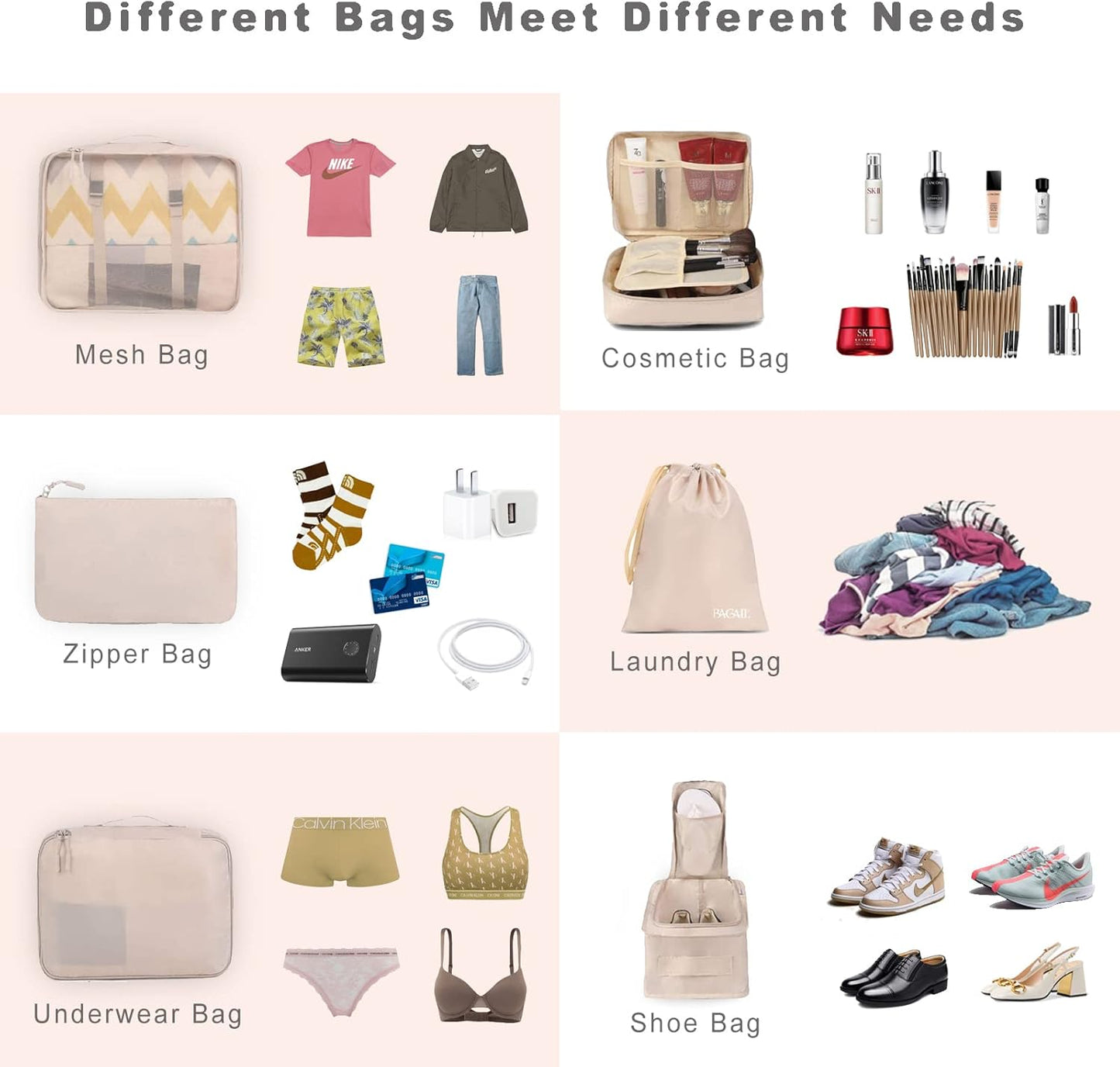 BAGAIL 8 Set Packing Cubes, Lightweight Travel Luggage Organizers with Shoe Bag, Toiletry Bag & Laundry Bag (Beige)