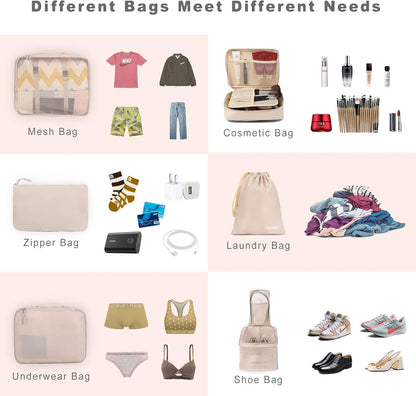 BAGAIL 8 Set Packing Cubes, Lightweight Travel Luggage Organizers with Shoe Bag, Toiletry Bag & Laundry Bag (Beige)