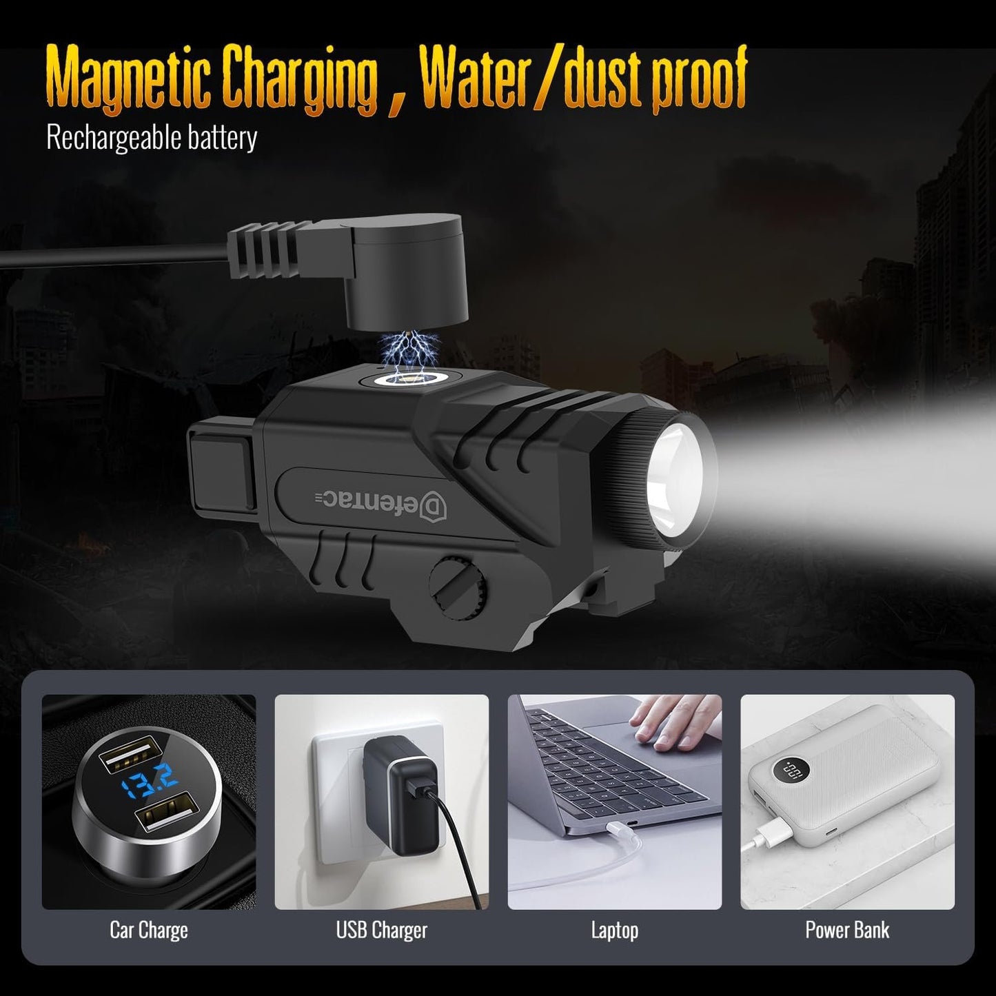 Defentac 680 Lumens Pistol Light Laser Combo, Strobe Tactical Flashlight with Red/Green/Blue Beams for Compact Guns W/a Rail, Rechargeable, Adjustable
