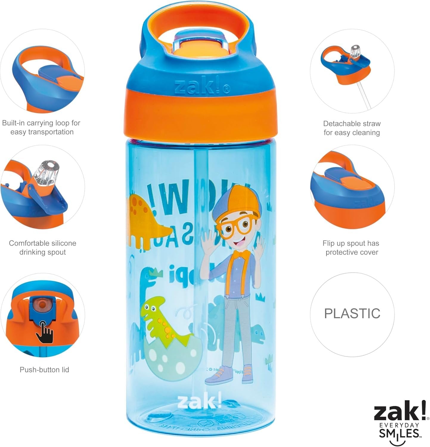 Zak Designs Blippi Kids Water Bottle with Spout Cover and Built-in Carrying Loop, Made of Durable Plastic, Leak-Proof Water Bottle Design for Travel (17.5 oz, Pack of 2)