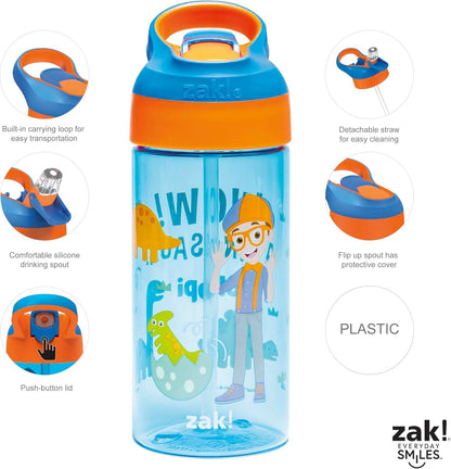 Zak Designs Blippi Kids Water Bottle with Spout Cover and Built-in Carrying Loop, Made of Durable Plastic, Leak-Proof Water Bottle Design for Travel (17.5 oz, Pack of 2)
