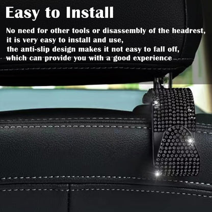 OSIFIT 4PCS Car Seat Hooks, Bling Car Rhinestone Headrest Hooks, Universal Bling Car Interior Accessories, for Handbag, Clothes, Purse, Water Bottle (Black)