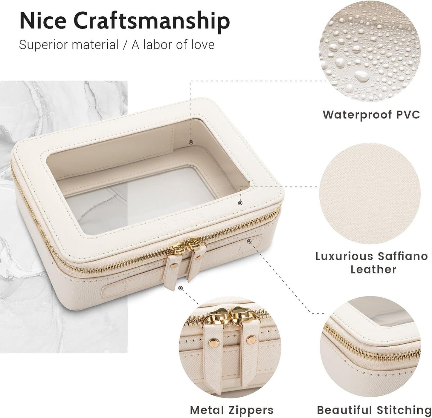 Makeup Bag for Women, Clear Cosmetic Bags Travel Toiletry Bag, Heavy Duty Makeup Organizer, Cute Makeup Case Bag Accessories with Clear Windows & Gold Zippers(White)