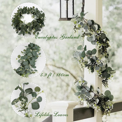 Eucalyptus Garland With White Flowers, 4 Packs 180cm Silver Dollar Eucalyptus Boxwood Gypsophila Vines for Wedding Party Mantle Table Runner Home Decor