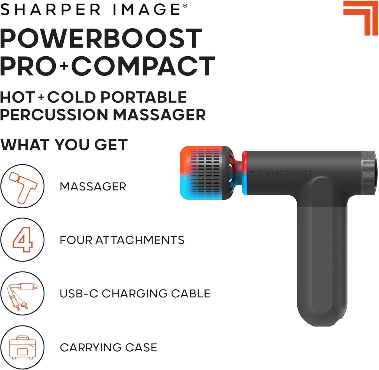 Sharper Image Powerboost Pro+ Hot & Cold Compact Percussion Massager, Dual-Temperature Node, Soothing Heat & Cold Therapy, 6 Speed, 4 Attachments, Lightweight Portable Athlete Recovery, Travel Case