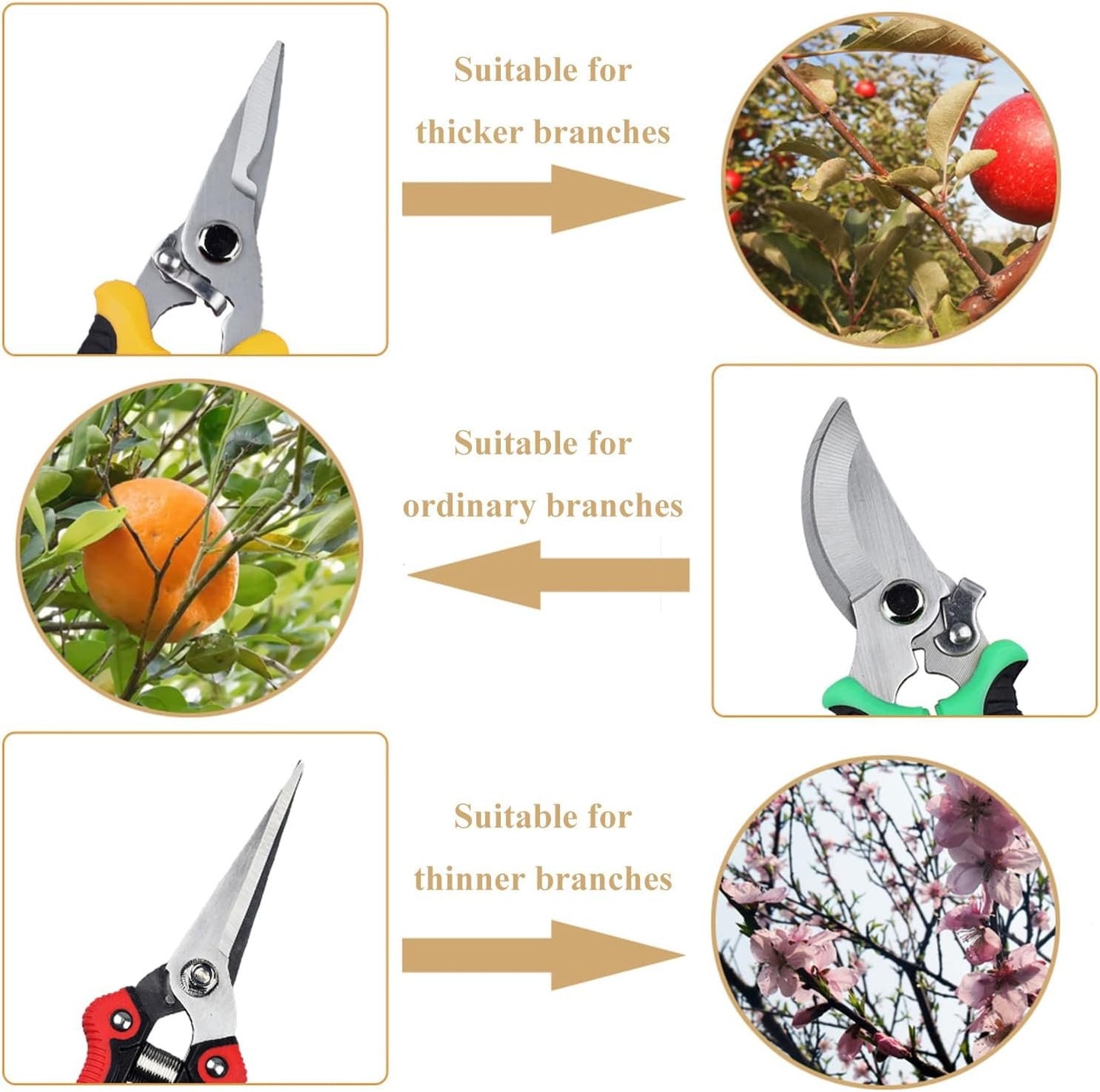 3 Pack Pruning Shears Set, Stainless Steel Garden Clippers with Safety Lock, Professional Shock-Absorbent Hand Garden Shears for Flowers and Small Garden (Red、Yellow and Green)