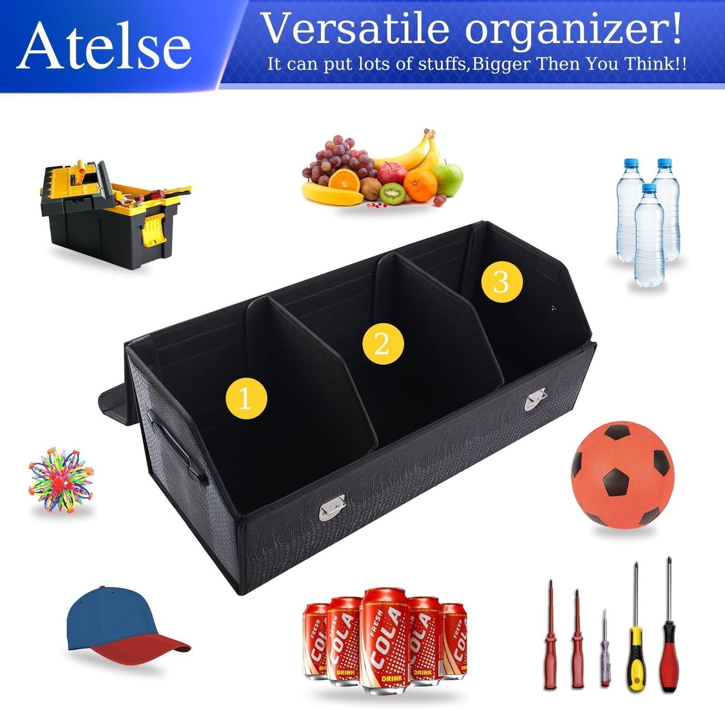 Atelse Modern, Functional Leather Car Trunk Organizer - Large (74.93 cm L x 30.99 cm W x 10.16 cm H) - 3 Compartments - Black - Waterproof - Collapsible, Customizable - SUV & Car Trunk Storage Box