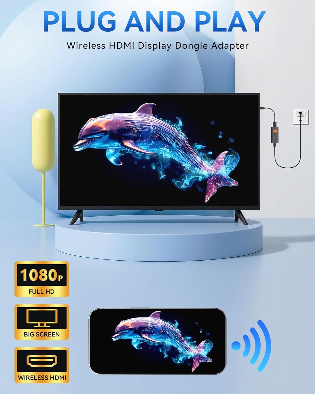 Wireless HDMI Display Dongle Adapter, Portable Transmitter, Streaming Media Video/Audio/File HDMI from Smartphone,Laptop to HDTV/Monitor/Projector, Support Airplay Miracast